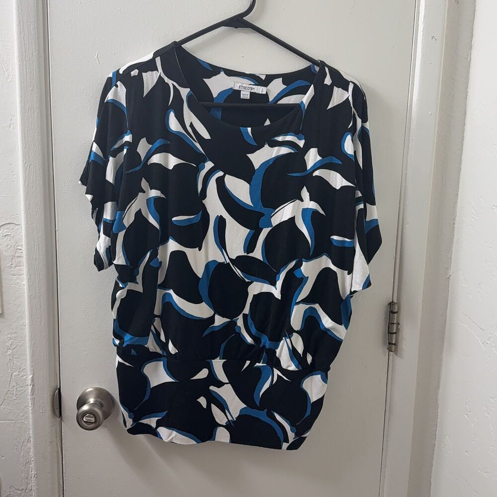 Chico's Women's L Black Blue Short Sleeve Blouse